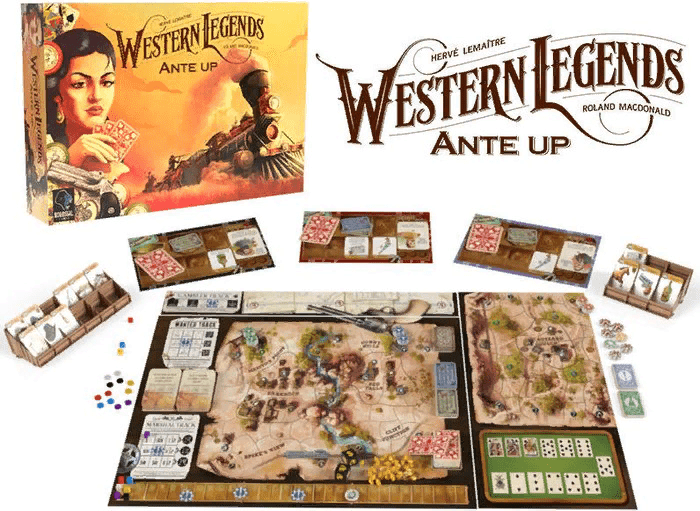 Дополнение "Western Legends: Ante Up" уже анонсировано Лавкой Игр. Так выглядит основное игровое поле вместе с дополнительным, на котором изображены железная дорога, новый город и карточная игра Фараон. 