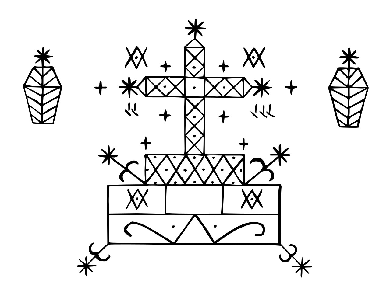 А это вот например веве барона — символ из гаитянского вуду. Ну то есть это африканский лоа, но его веве — католический крест и гробы!